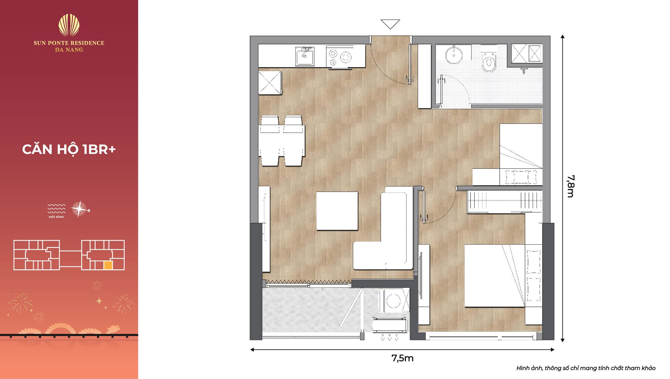 Layout thiết kế căn hộ cao cấp 1BR+ tại dự án Sun Ponte Residence Đà Nẵng.