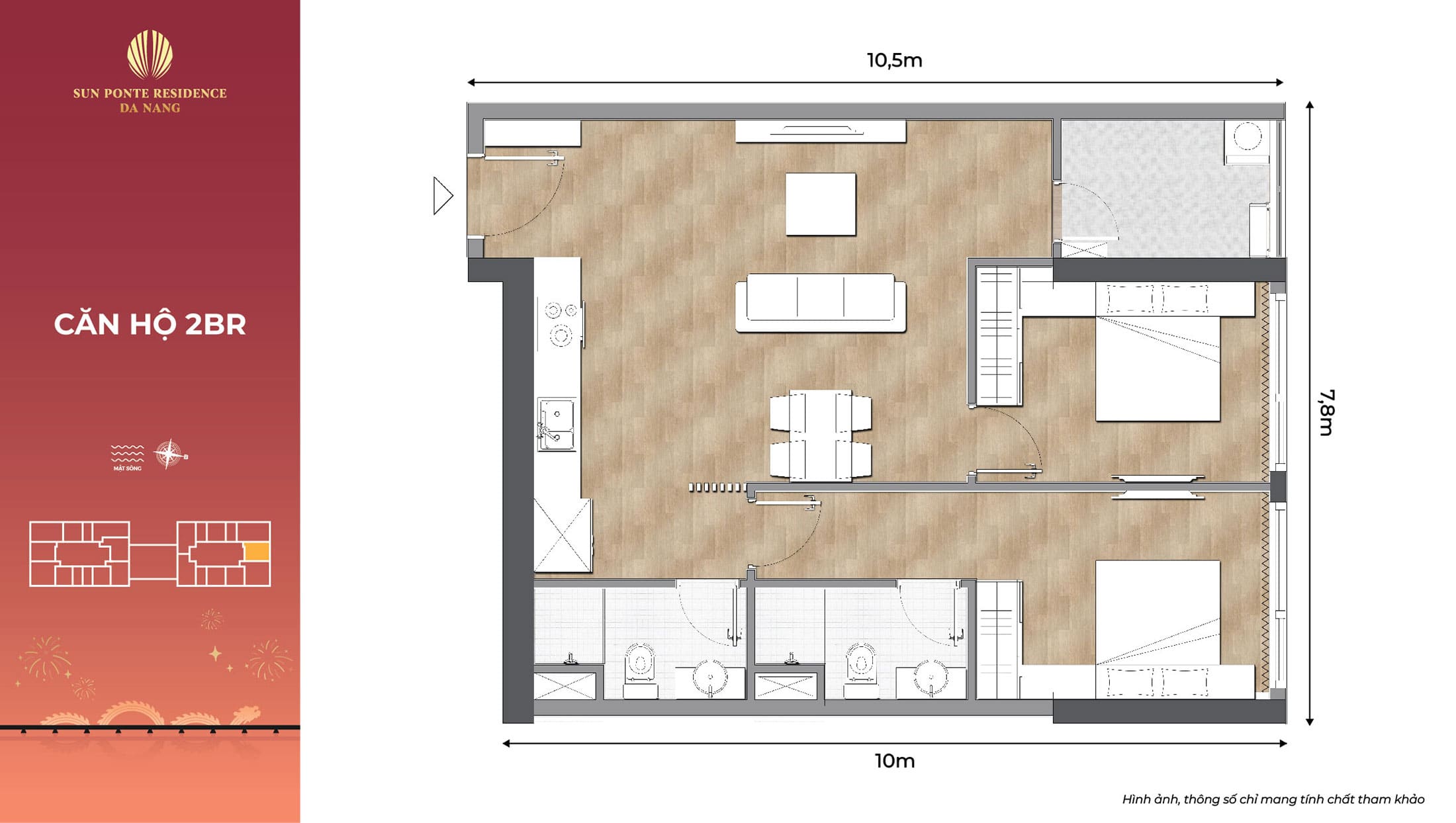 Layout thiết kế căn hộ cao cấp 2BR tại dự án Sun Ponte Residence Đà Nẵng.