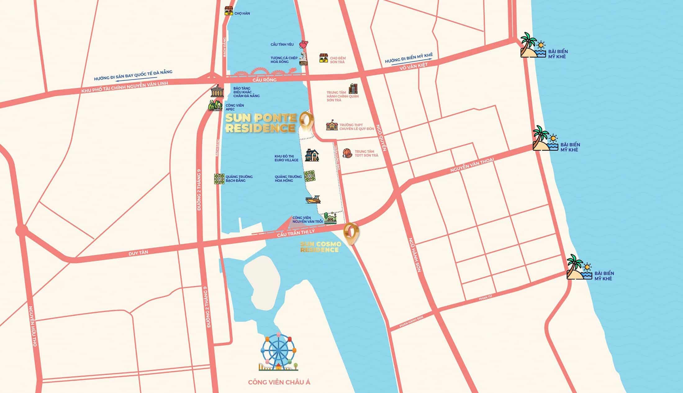 Vị trí Sun Ponte Residences tọa lạc tại Đường Trần Hưng Đạo, An Hải Tây, Ngũ Hành Sơn, Đà Nẵng.